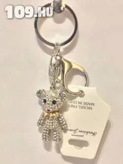 Táskadísz kulcstartó maci ezüst színű strasszos